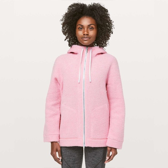 lululemon so sherpa hooded fleece jacket in heathered pink haze, size 4 - Picture 3 of 14